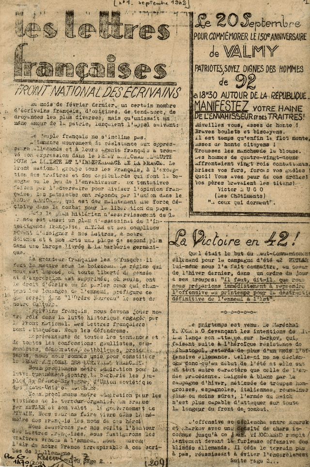 première page du premier numéro des Lettres françaises, 1942