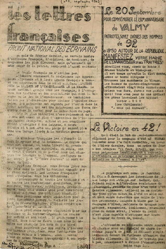 première page du premier numéro des Lettres françaises, 1942