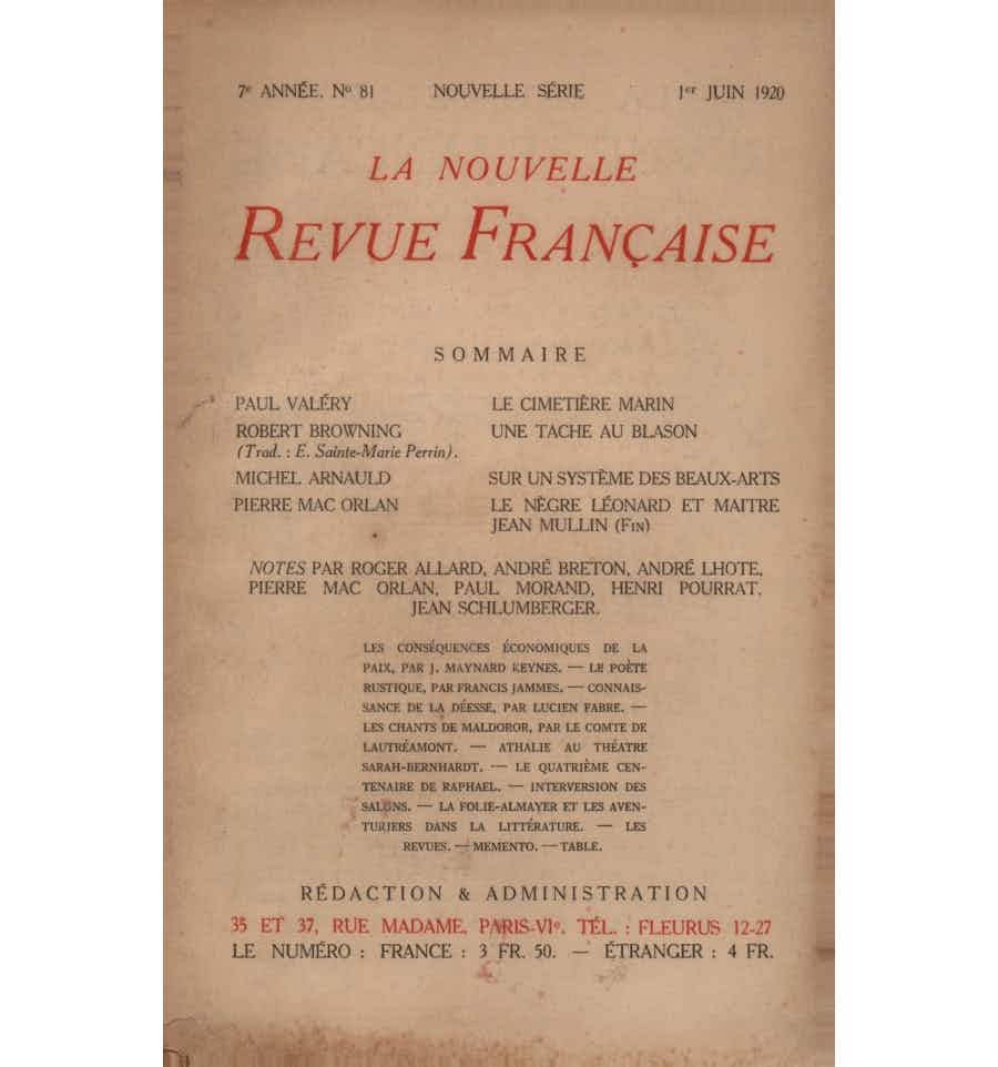 Couverture d'un exemplaire de la nouvelle revue française de 1920